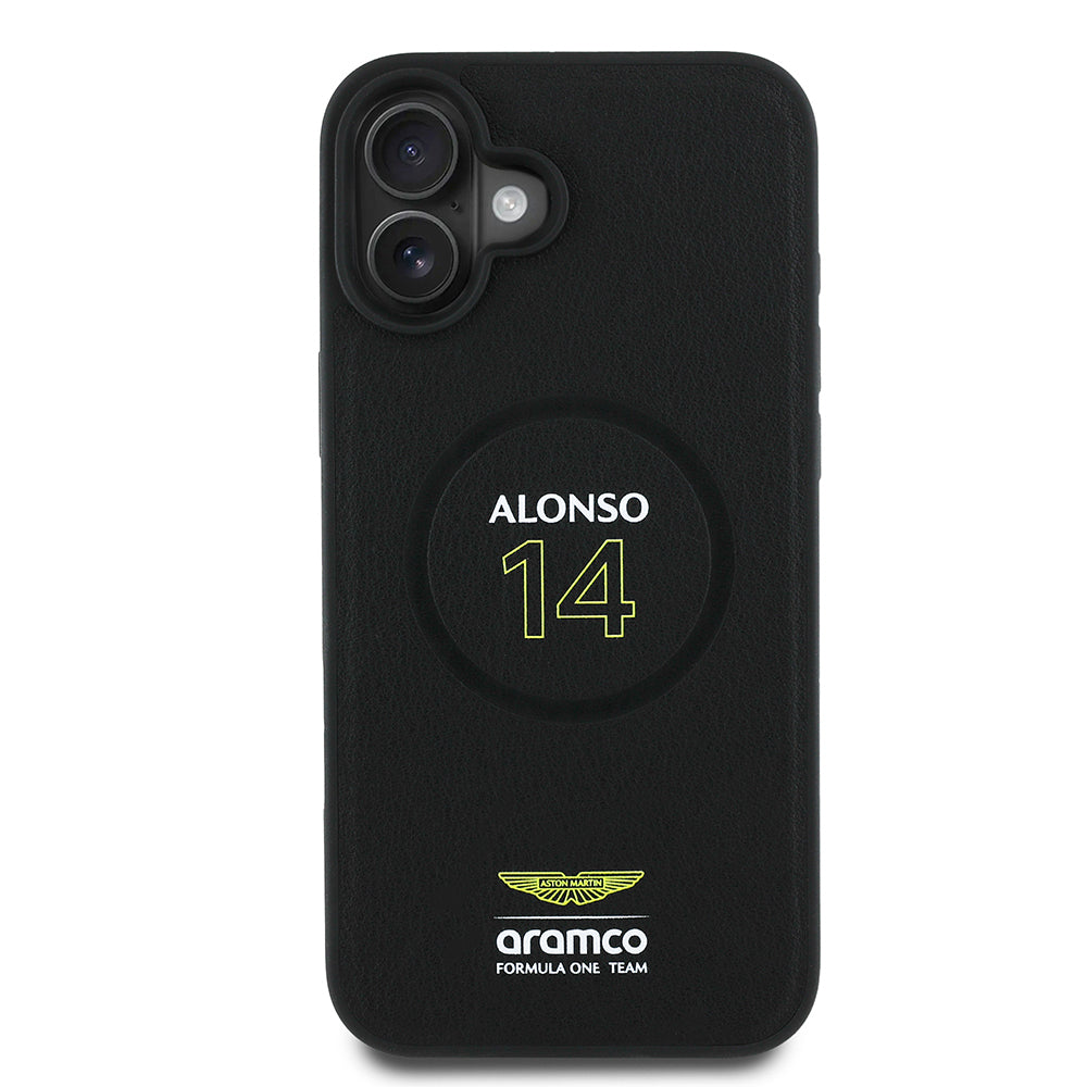 Apple iPhone 16 Plus Kılıf Aston Martin Orjinal Lisanslı M-safe Şarj Özellikli PU Deri Alonso 14 Baskılı Kapak Siyah