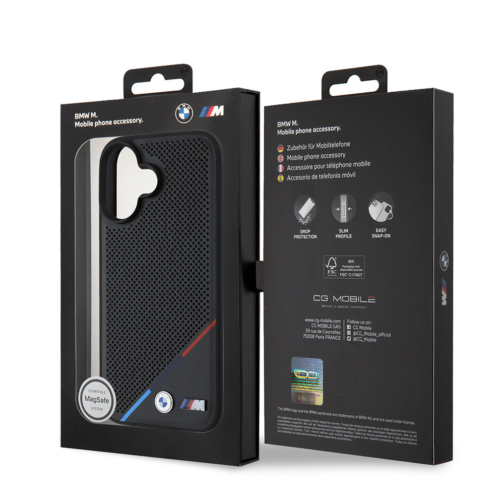 Apple iPhone 16 Plus Kılıf BMW Orjinal Lisanslı M-safe Şarj Özellikli M Logolu Üç Çizgili Delikli Deri Kapak Siyah