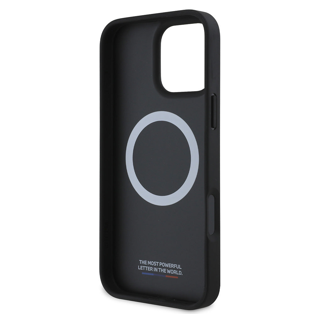Apple iPhone 16 Plus Kılıf BMW Orjinal Lisanslı M-safe Şarj Özellikli M Logolu Üç Çizgili Dikiş Detaylı Meshed Tricolor Stripes Kapak Siyah