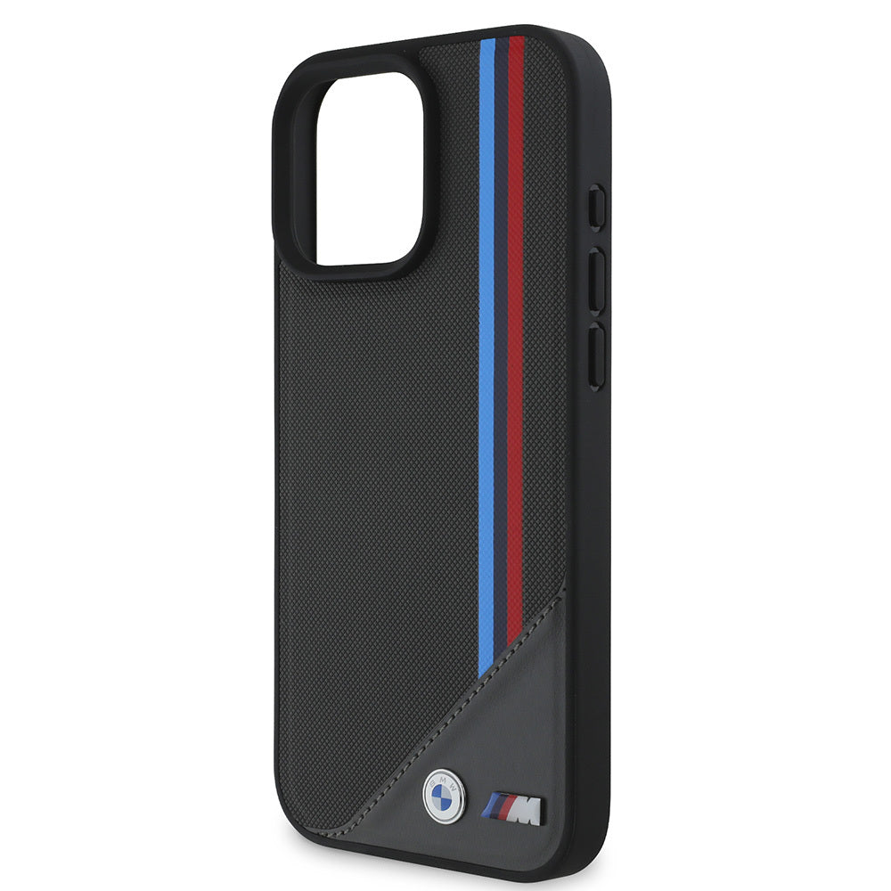 Apple iPhone 16 Plus Kılıf BMW Orjinal Lisanslı M-safe Şarj Özellikli M Logolu Üç Çizgili Dikiş Detaylı Meshed Tricolor Stripes Kapak Siyah