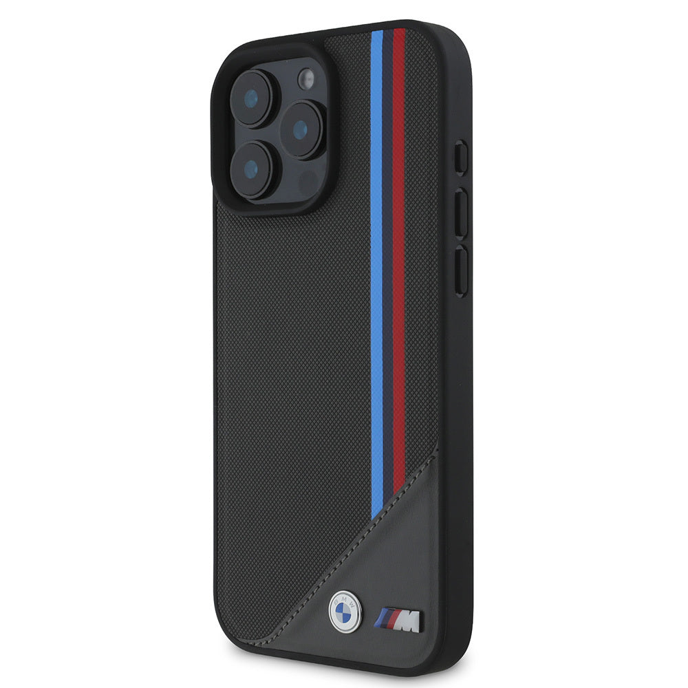 Apple iPhone 16 Plus Kılıf BMW Orjinal Lisanslı M-safe Şarj Özellikli M Logolu Üç Çizgili Dikiş Detaylı Meshed Tricolor Stripes Kapak Siyah