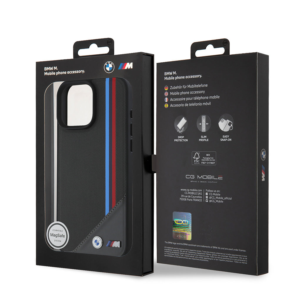 Apple iPhone 16 Plus Kılıf BMW Orjinal Lisanslı M-safe Şarj Özellikli M Logolu Üç Çizgili Dikiş Detaylı Meshed Tricolor Stripes Kapak Siyah