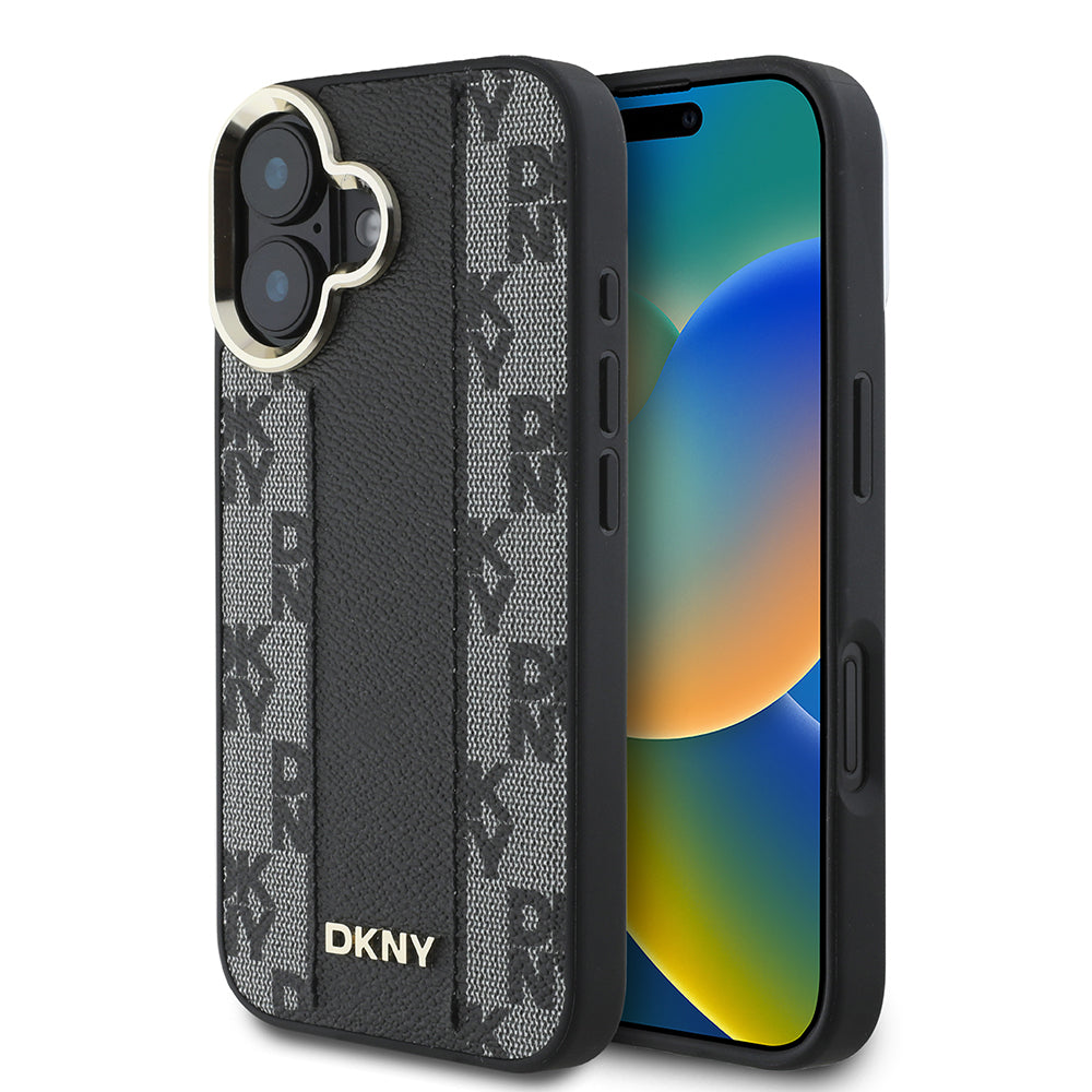 Apple iPhone 16 Plus Kılıf DKNY Orjinal Lisanslı M-safe Şarj Özellikli 3D Yazılı Checkered Pattern Kapak Siyah