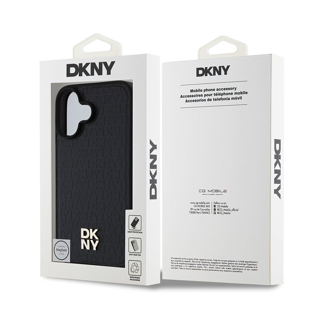 Apple iPhone 16 Plus Kılıf DKNY Orjinal Lisanslı M-safe Şarj Özellikli 3D Yazılı Repeat Pattern Kapak Kahverengi