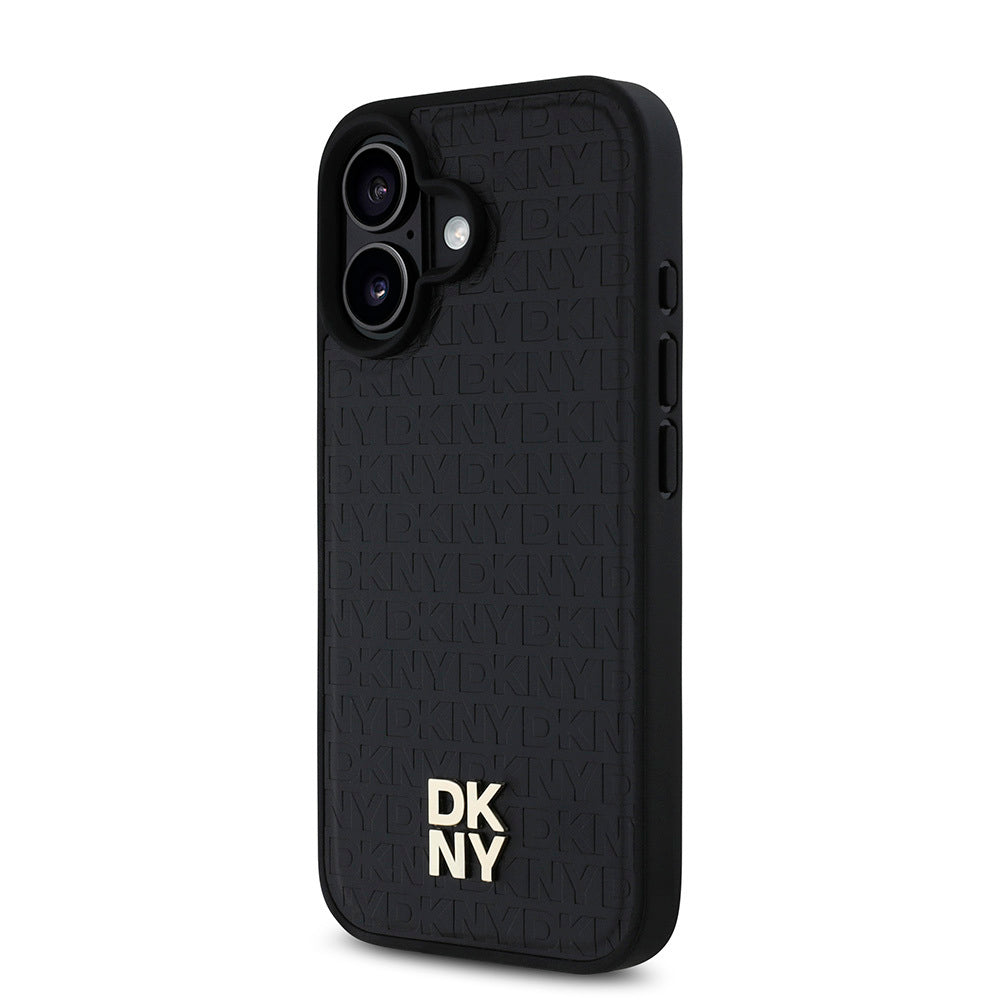 Apple iPhone 16 Plus Kılıf DKNY Orjinal Lisanslı M-safe Şarj Özellikli 3D Yazılı Repeat Pattern Kapak Siyah