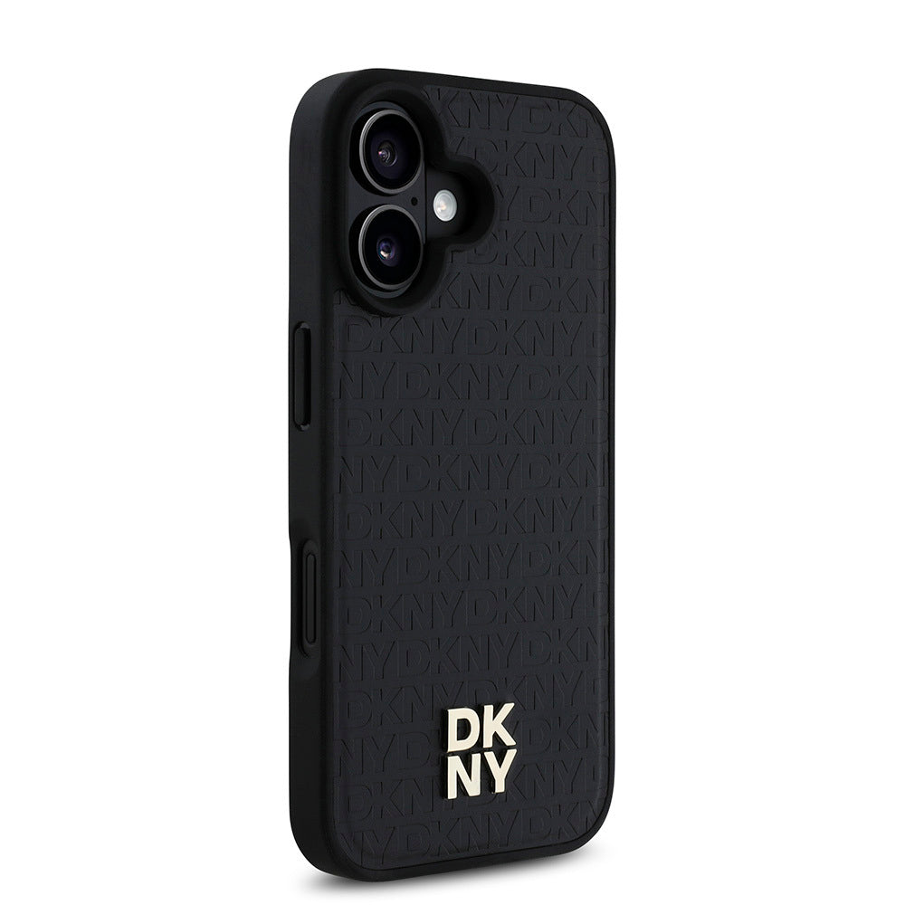 Apple iPhone 16 Plus Kılıf DKNY Orjinal Lisanslı M-safe Şarj Özellikli 3D Yazılı Repeat Pattern Kapak Kahverengi