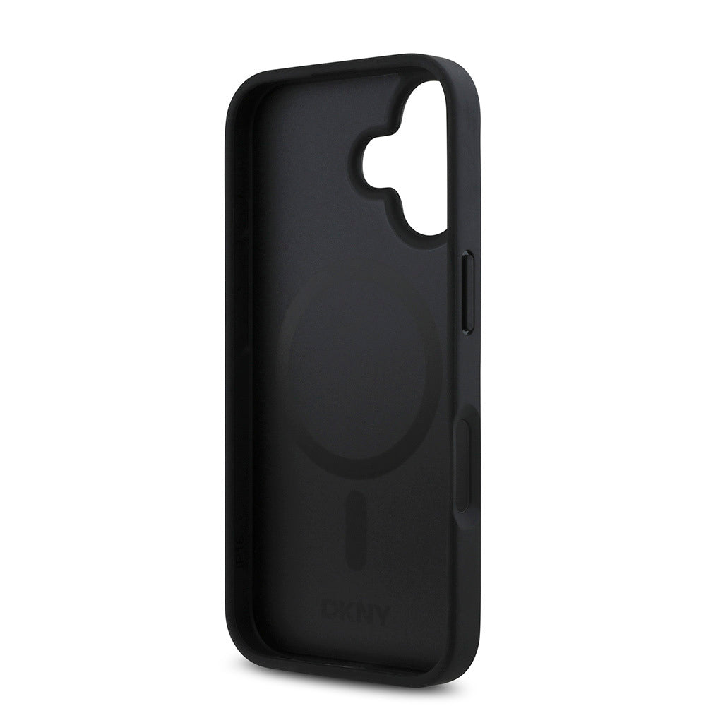 Apple iPhone 16 Plus Kılıf DKNY Orjinal Lisanslı M-safe Şarj Özellikli 3D Yazılı Repeat Pattern Kapak Siyah