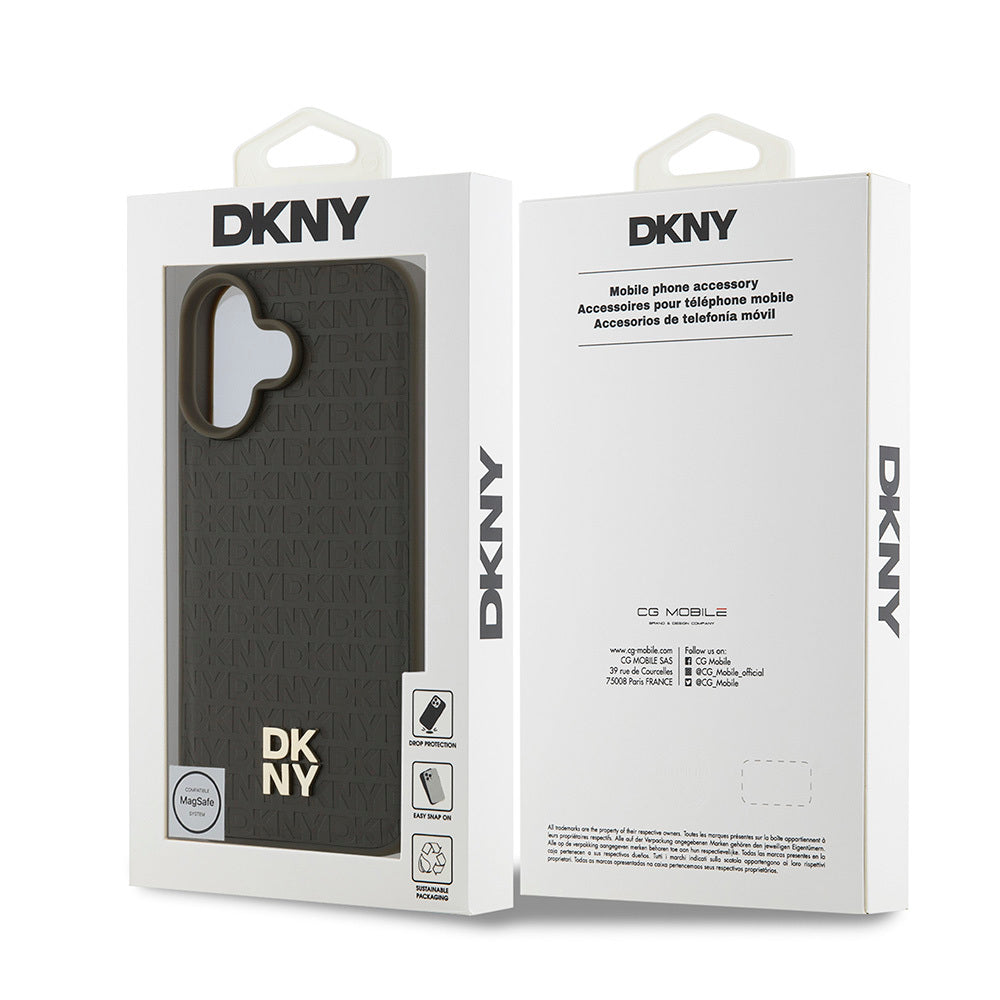 Apple iPhone 16 Plus Kılıf DKNY Orjinal Lisanslı M-safe Şarj Özellikli 3D Yazılı Repeat Pattern Kapak Kahverengi