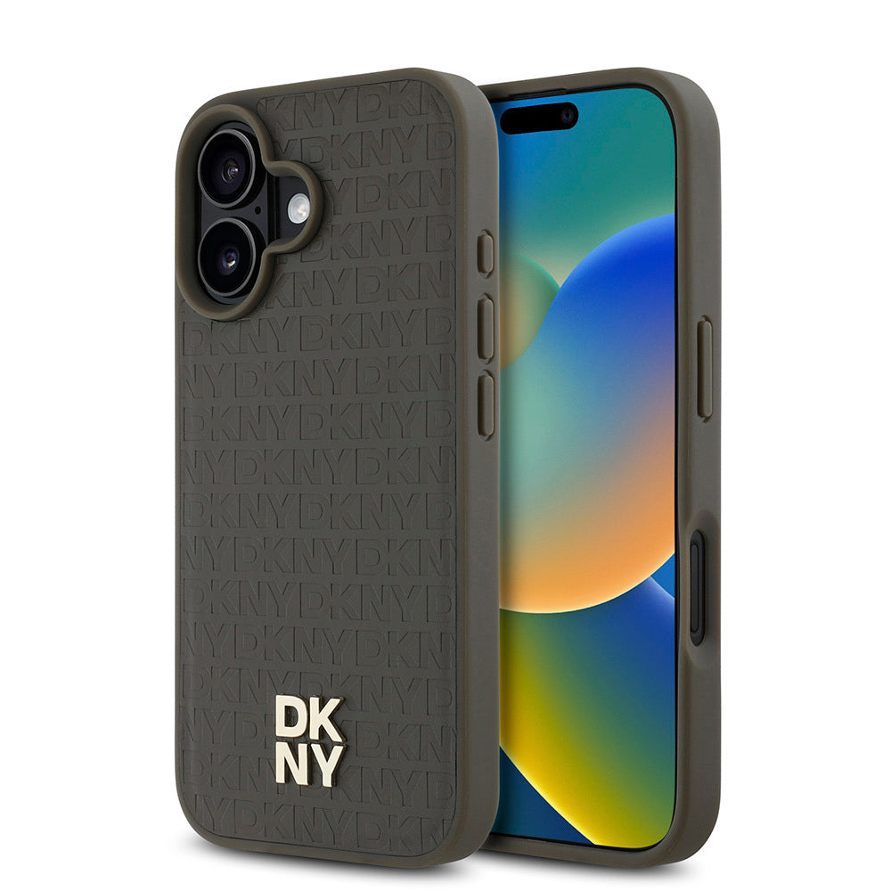 Apple iPhone 16 Plus Kılıf DKNY Orjinal Lisanslı M-safe Şarj Özellikli 3D Yazılı Repeat Pattern Kapak Siyah