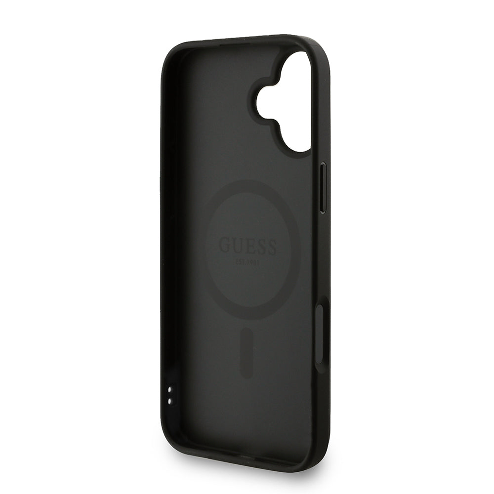 Apple iPhone 16 Plus Kılıf Guess Orjinal Lisanslı M-safe Şarj Özellikli PU Deri Bilek Askı İpli Yazı Logolu Kapak Pembe