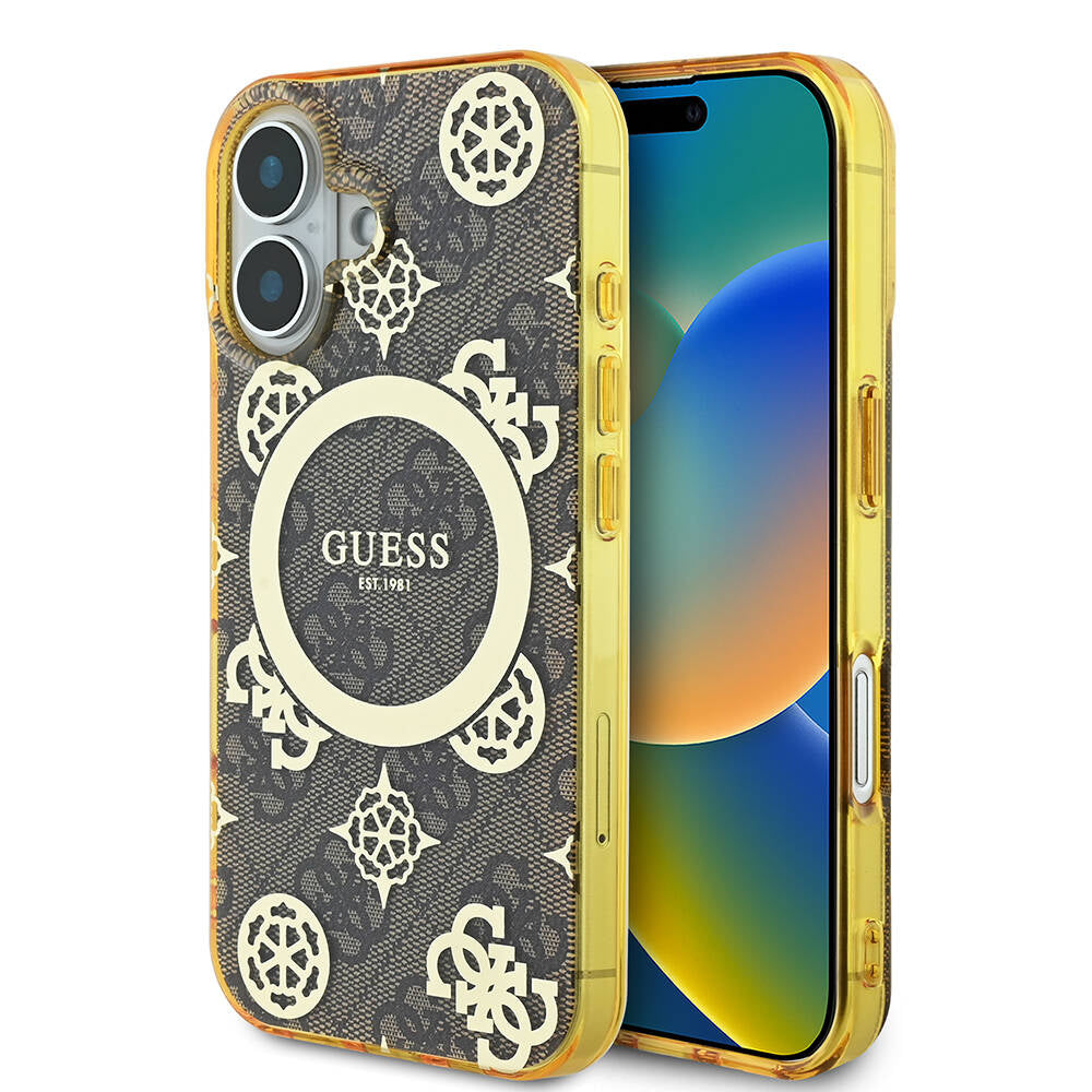 Apple iPhone 16 Plus Kılıf Guess Orjinal Lisanslı M-safe Şarj Özellikli 4G Desenli IML Yazı Logolu Peony Kapak Pembe