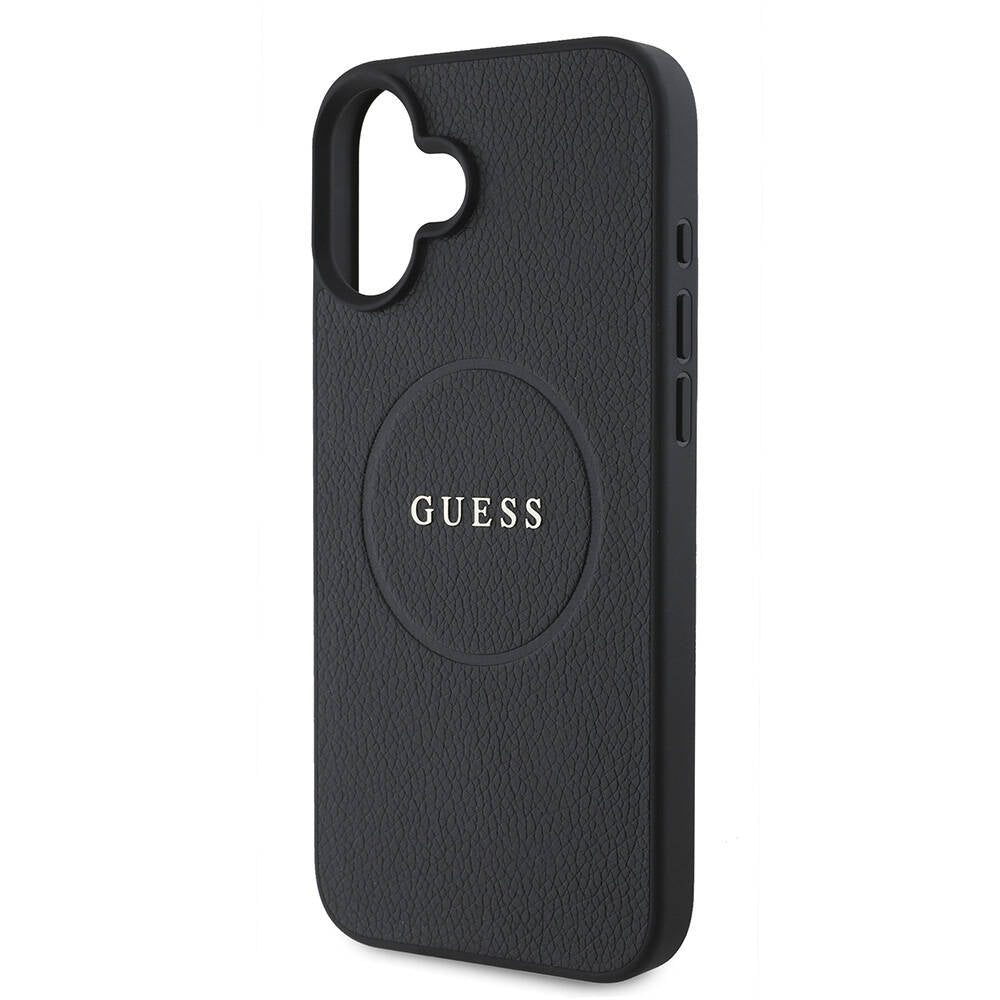 Apple iPhone 16 Plus Kılıf Guess Orjinal Lisanslı M-safe Şarj Özellikli Yazı Logolu Grained Kapak Siyah
