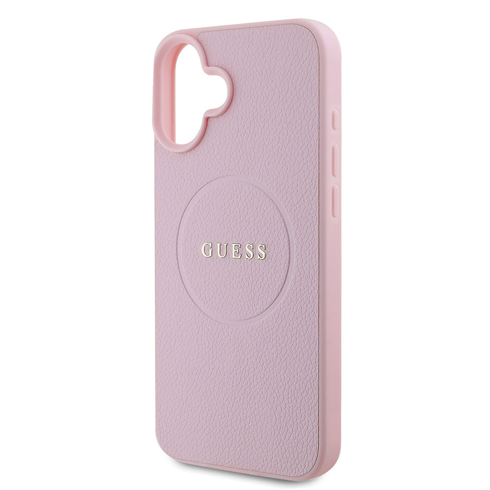 Apple iPhone 16 Plus Kılıf Guess Orjinal Lisanslı M-safe Şarj Özellikli Yazı Logolu Grained Kapak Pembe