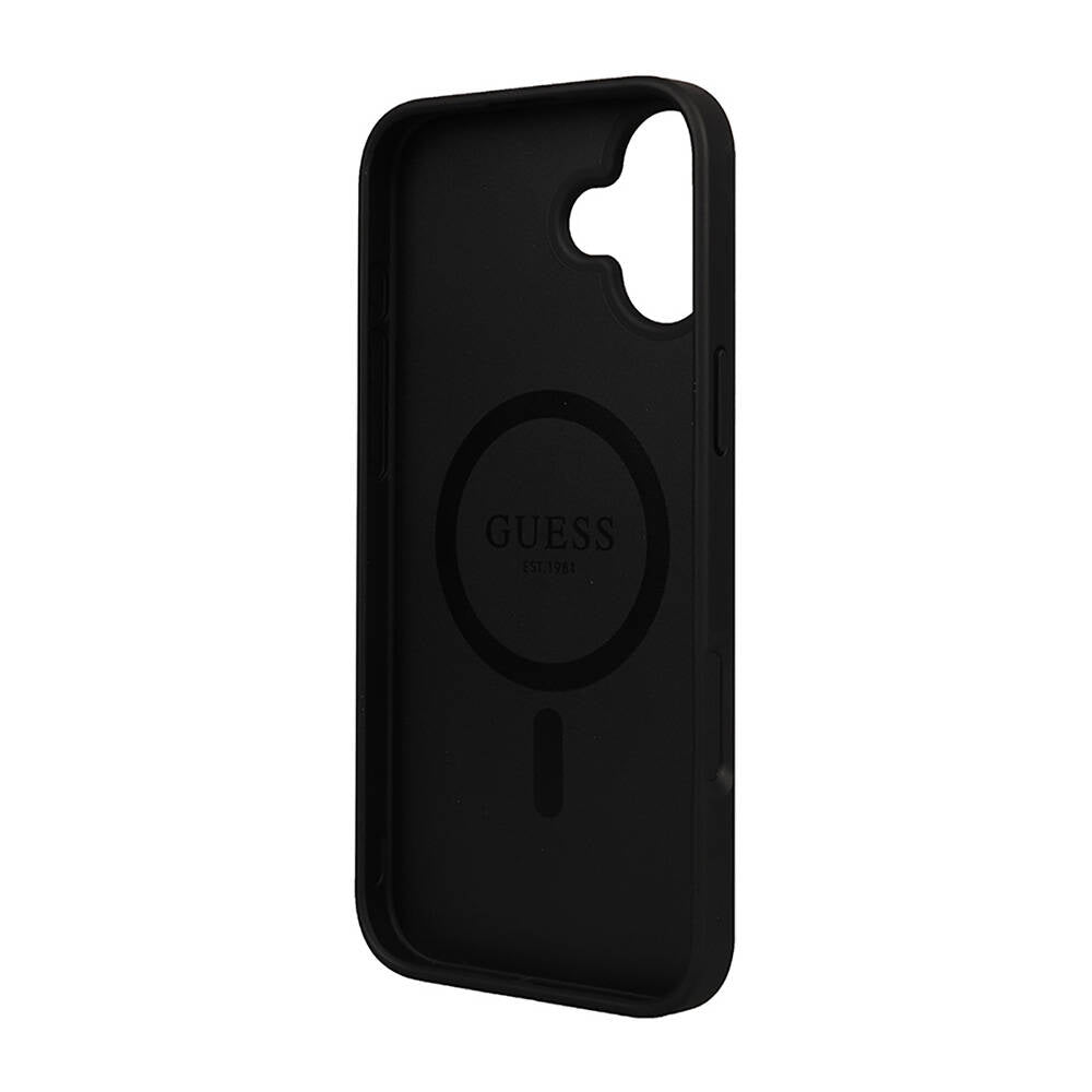 Apple iPhone 16 Plus Kılıf Guess Orjinal Lisanslı M-safe Şarj Özellikli 4G Desenli Yazı Logolu Peony Kapak Siyah