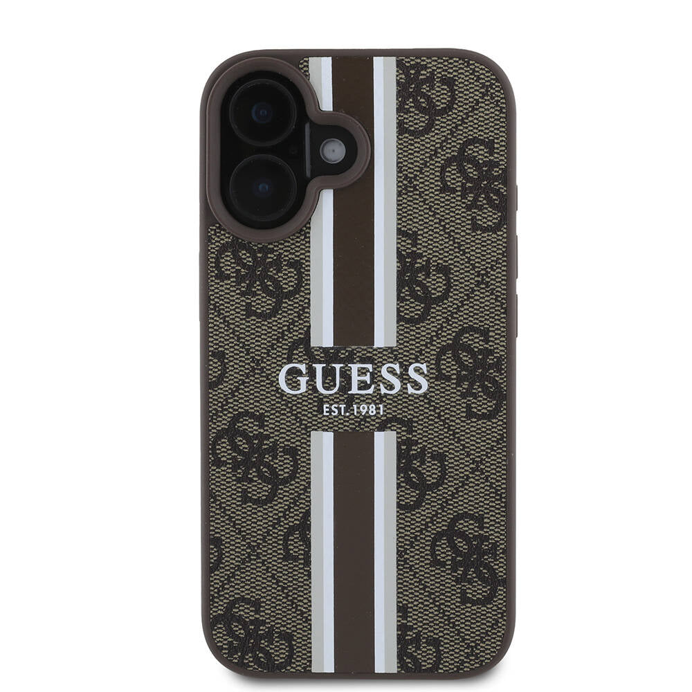 Apple iPhone 16 Plus Kılıf Guess Orjinal Lisanslı M-safe Şarj Özellikli 4G Şerit Tasarımlı Printed Kapak Siyah