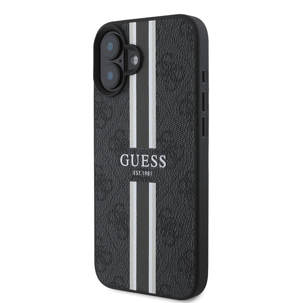 Apple iPhone 16 Plus Kılıf Guess Orjinal Lisanslı M-safe Şarj Özellikli 4G Şerit Tasarımlı Printed Kapak Kahverengi