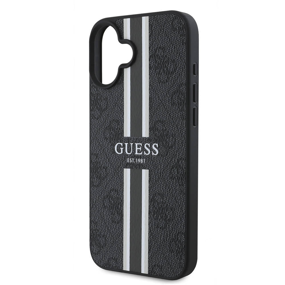 Apple iPhone 16 Plus Kılıf Guess Orjinal Lisanslı M-safe Şarj Özellikli 4G Şerit Tasarımlı Printed Kapak Kahverengi