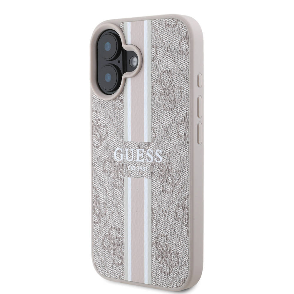 Apple iPhone 16 Plus Kılıf Guess Orjinal Lisanslı M-safe Şarj Özellikli 4G Şerit Tasarımlı Printed Kapak Kahverengi