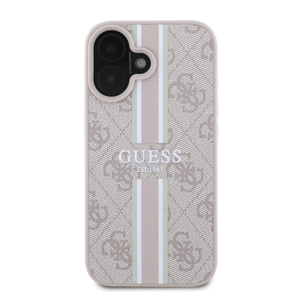 Apple iPhone 16 Plus Kılıf Guess Orjinal Lisanslı M-safe Şarj Özellikli 4G Şerit Tasarımlı Printed Kapak Siyah