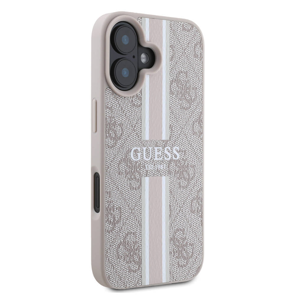 Apple iPhone 16 Plus Kılıf Guess Orjinal Lisanslı M-safe Şarj Özellikli 4G Şerit Tasarımlı Printed Kapak Kahverengi