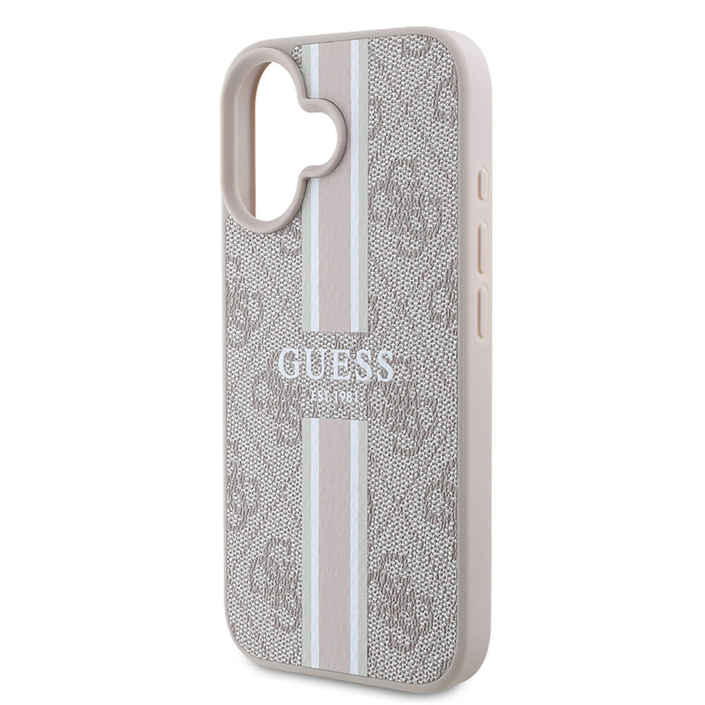Apple iPhone 16 Plus Kılıf Guess Orjinal Lisanslı M-safe Şarj Özellikli 4G Şerit Tasarımlı Printed Kapak Pembe
