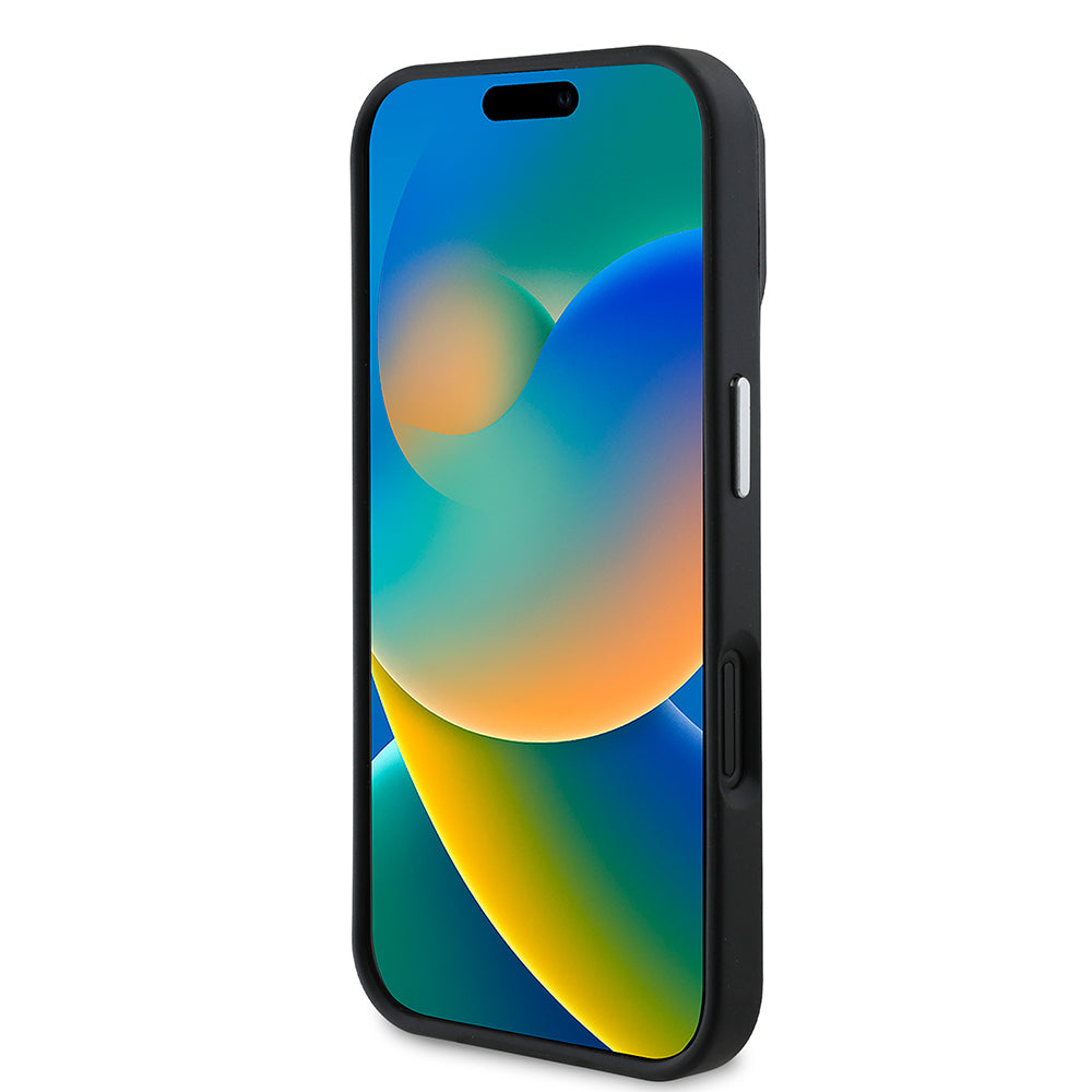 Apple iPhone 16 Plus Kılıf Guess Orjinal Lisanslı M-safe Şarj Özellikli Grained Triangle Kapak Siyah