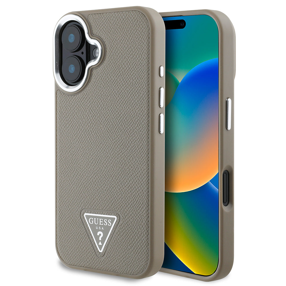 Apple iPhone 16 Plus Kılıf Guess Orjinal Lisanslı M-safe Şarj Özellikli Grained Triangle Kapak Kahverengi