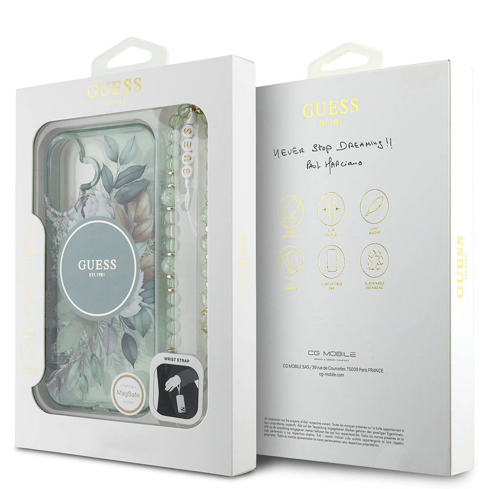 Apple iPhone 16 Plus Kılıf Guess Orjinal Lisanslı M-safe Şarj Özellikli IML Baskılı Çiçek İnci Bileklikli Kapak Pembe