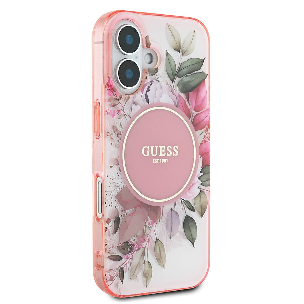 Apple iPhone 16 Plus Kılıf Guess Orjinal Lisanslı M-safe Şarj Özellikli IML Baskılı Yazı Logolu Flower Tonal Circle Kapak Yeşil