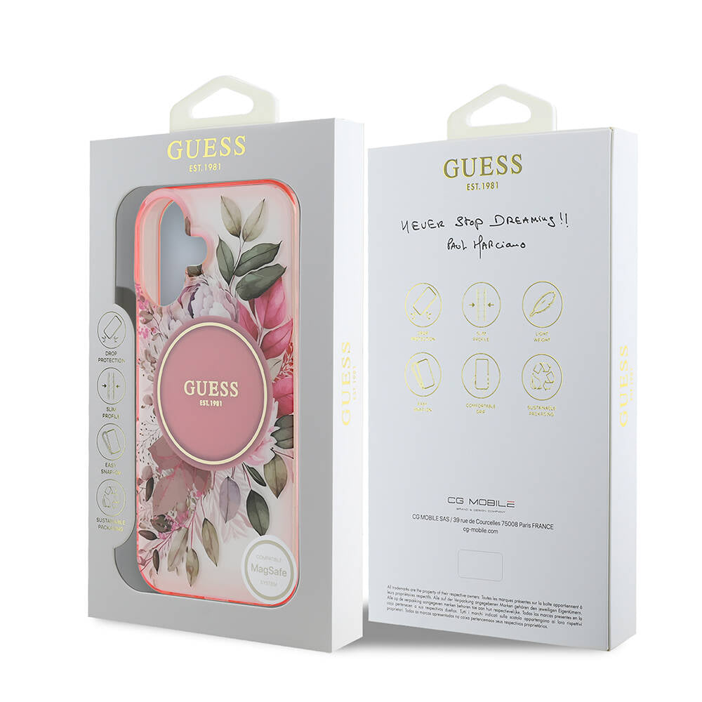 Apple iPhone 16 Plus Kılıf Guess Orjinal Lisanslı M-safe Şarj Özellikli IML Baskılı Yazı Logolu Flower Tonal Circle Kapak Pembe