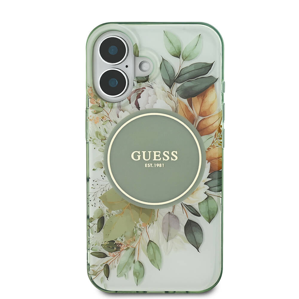 Apple iPhone 16 Plus Kılıf Guess Orjinal Lisanslı M-safe Şarj Özellikli IML Baskılı Yazı Logolu Flower Tonal Circle Kapak Yeşil