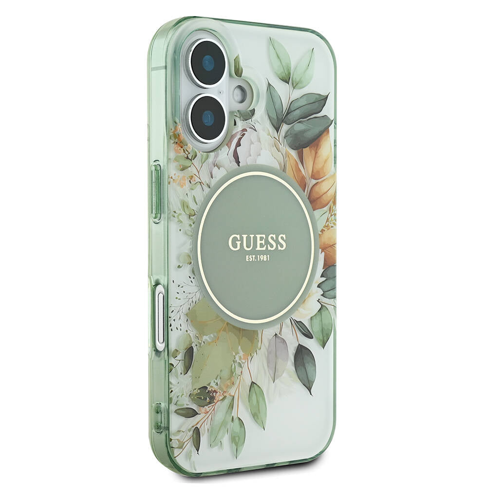 Apple iPhone 16 Plus Kılıf Guess Orjinal Lisanslı M-safe Şarj Özellikli IML Baskılı Yazı Logolu Flower Tonal Circle Kapak Pembe