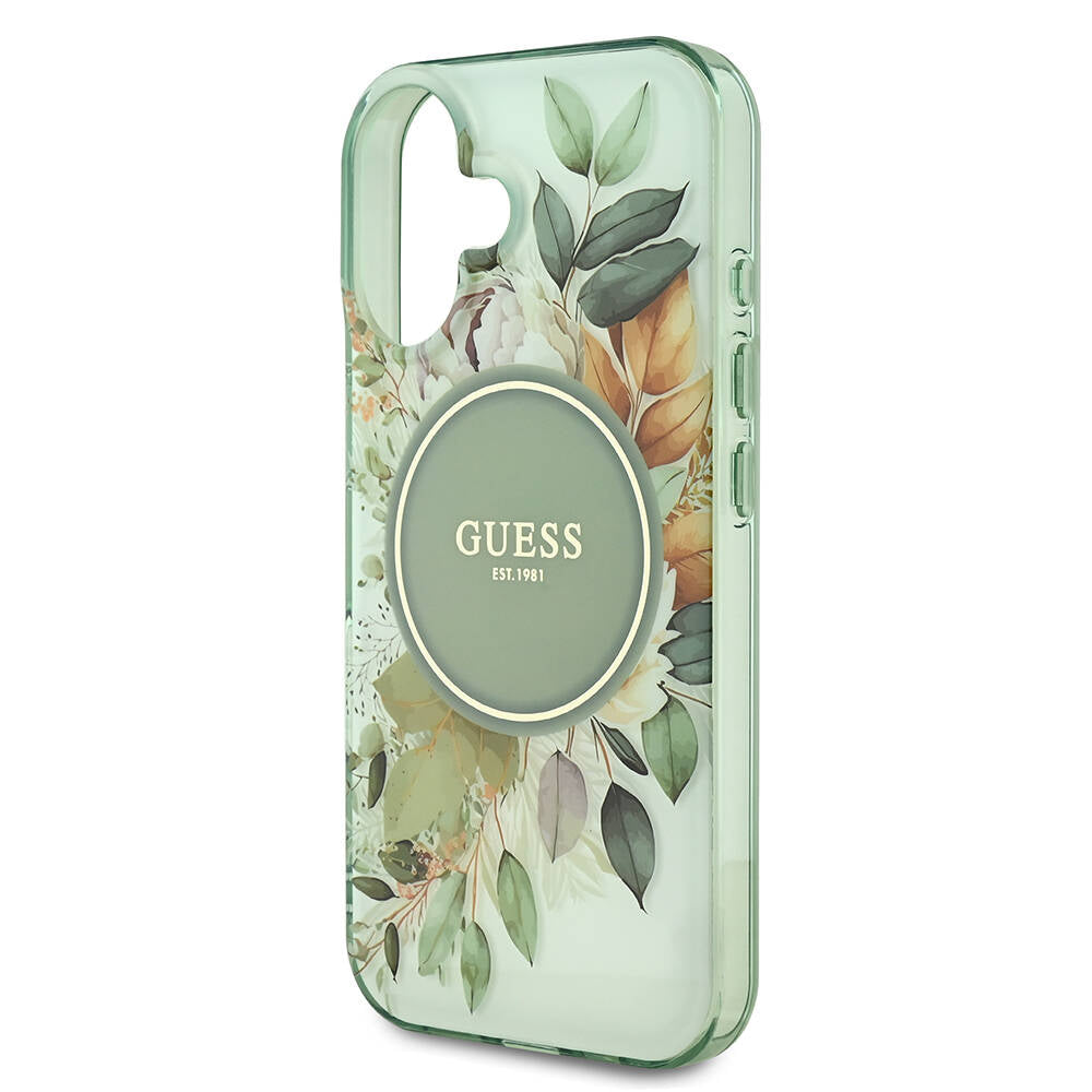 Apple iPhone 16 Plus Kılıf Guess Orjinal Lisanslı M-safe Şarj Özellikli IML Baskılı Yazı Logolu Flower Tonal Circle Kapak Yeşil