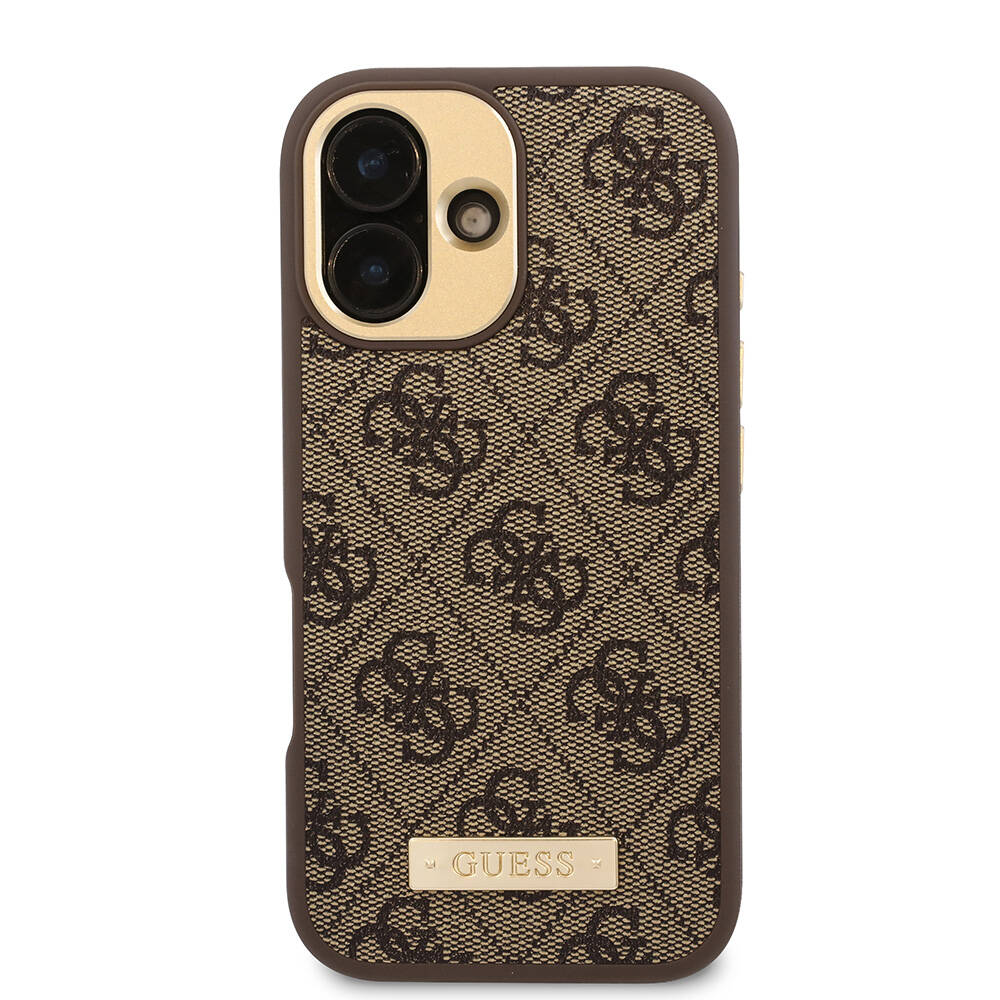 Apple iPhone 16 Plus Kılıf Guess Orjinal Lisanslı M-safe Şarj Özellikli PU 4G Desenli Metal Plaka Klasik Logolu Kapak Kahverengi