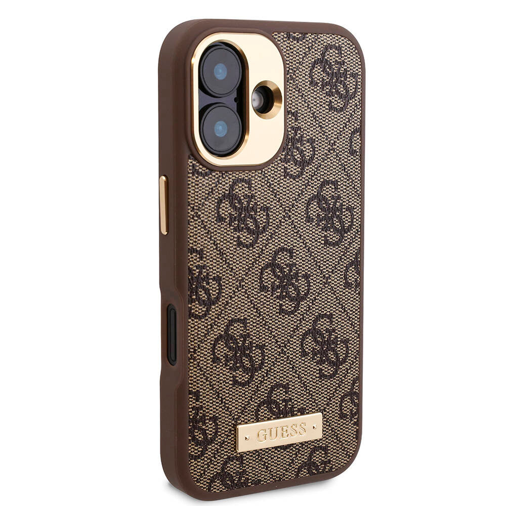 Apple iPhone 16 Plus Kılıf Guess Orjinal Lisanslı M-safe Şarj Özellikli PU 4G Desenli Metal Plaka Klasik Logolu Kapak Kahverengi