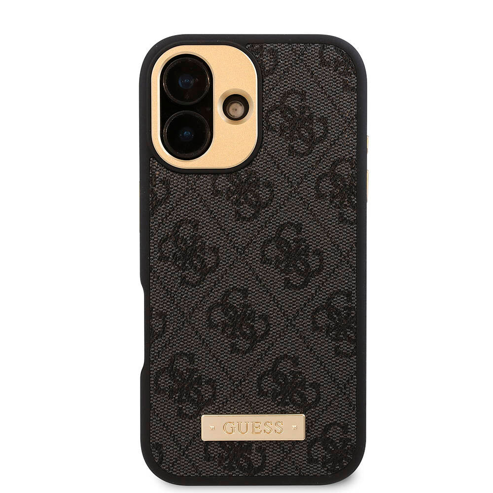 Apple iPhone 16 Plus Kılıf Guess Orjinal Lisanslı M-safe Şarj Özellikli PU 4G Desenli Metal Plaka Klasik Logolu Kapak Pembe