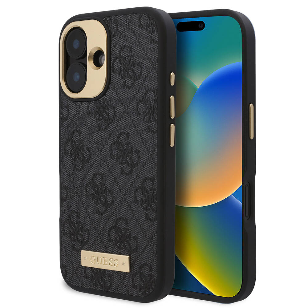 Apple iPhone 16 Plus Kılıf Guess Orjinal Lisanslı M-safe Şarj Özellikli PU 4G Desenli Metal Plaka Klasik Logolu Kapak Pembe
