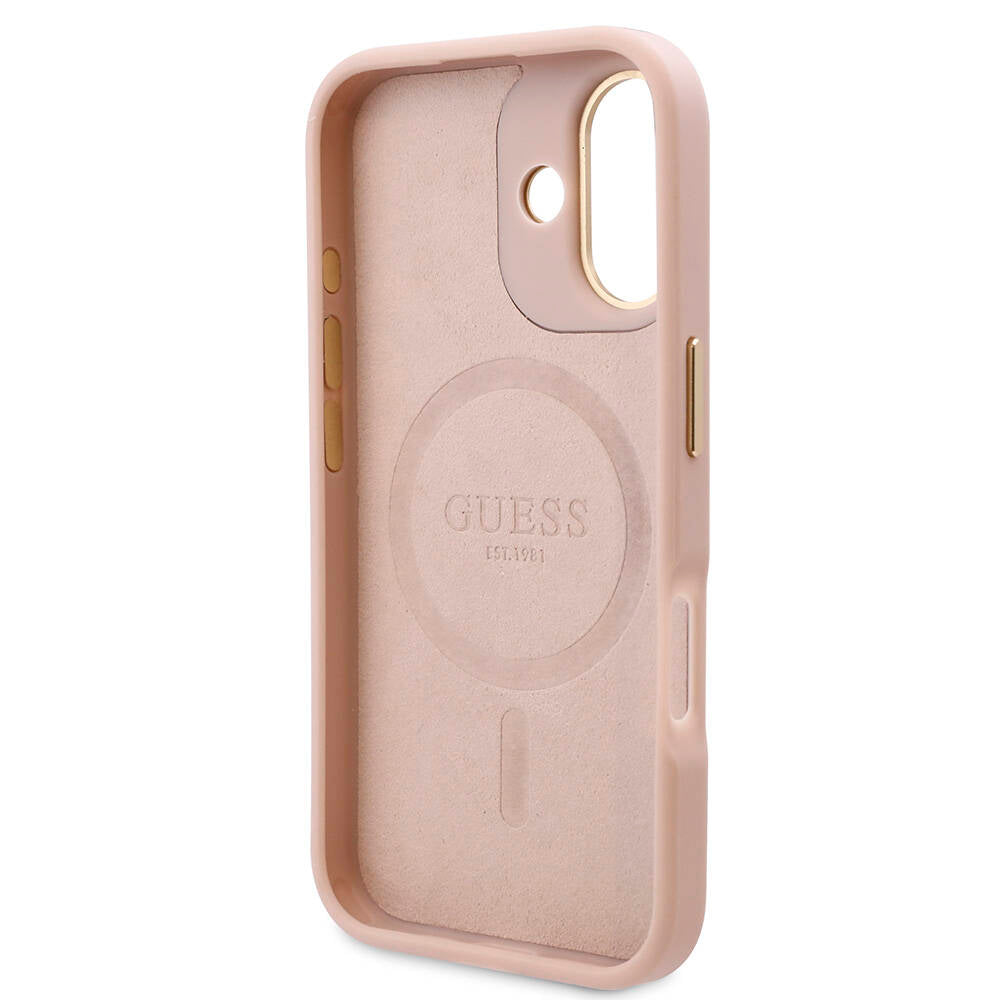 Apple iPhone 16 Plus Kılıf Guess Orjinal Lisanslı M-safe Şarj Özellikli PU 4G Desenli Metal Plaka Klasik Logolu Kapak Pembe