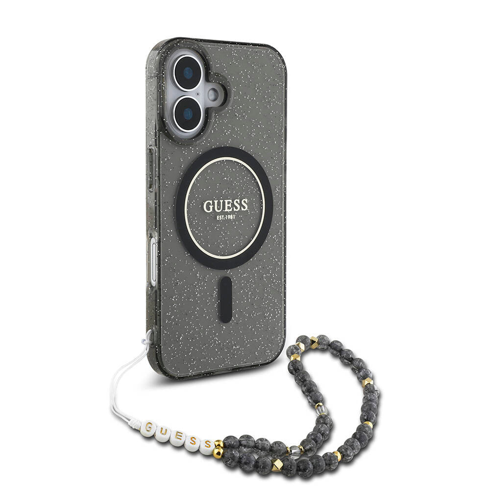 Apple iPhone 16 Plus Kılıf Guess Orjinal Lisanslı M-safe Şarj Özellikli Simli Silikon İnci Bileklikli Kapak Siyah