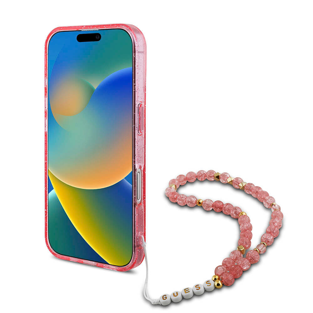 Apple iPhone 16 Plus Kılıf Guess Orjinal Lisanslı M-safe Şarj Özellikli Simli Silikon İnci Bileklikli Kapak Şeffaf