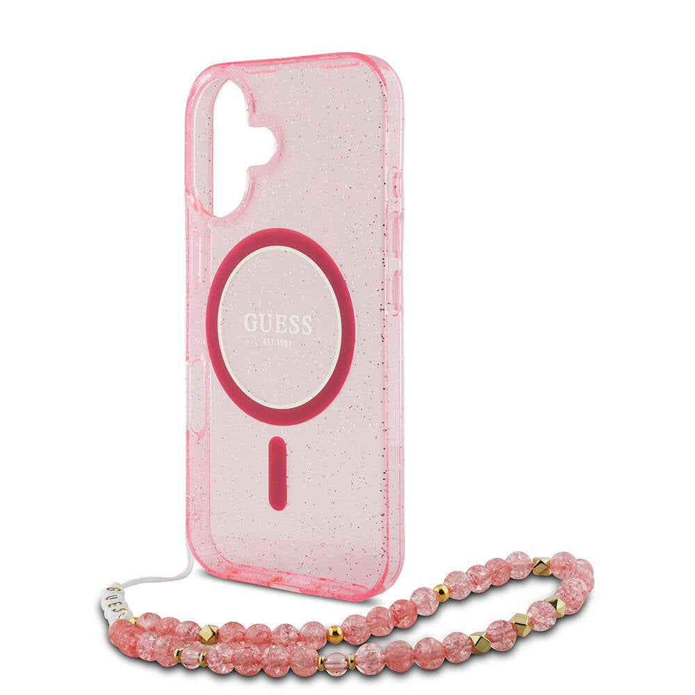 Apple iPhone 16 Plus Kılıf Guess Orjinal Lisanslı M-safe Şarj Özellikli Simli Silikon İnci Bileklikli Kapak Pembe