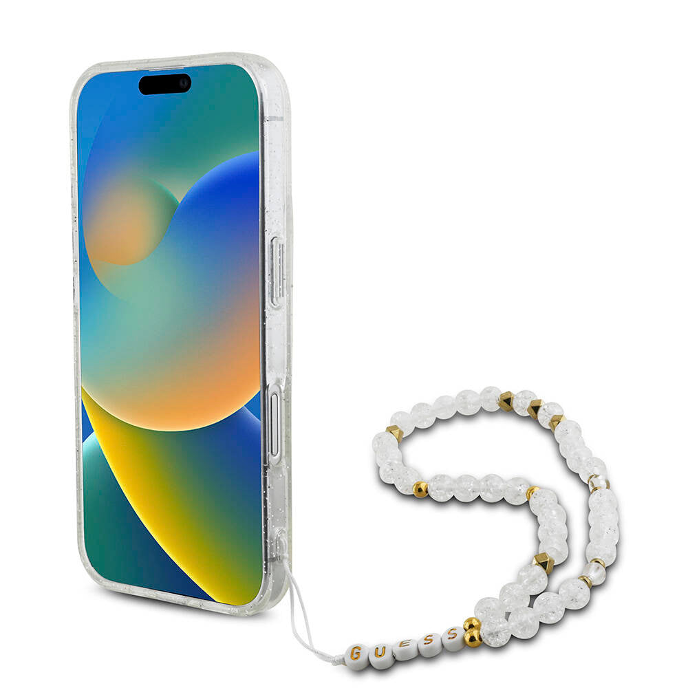 Apple iPhone 16 Plus Kılıf Guess Orjinal Lisanslı M-safe Şarj Özellikli Simli Silikon İnci Bileklikli Kapak Siyah