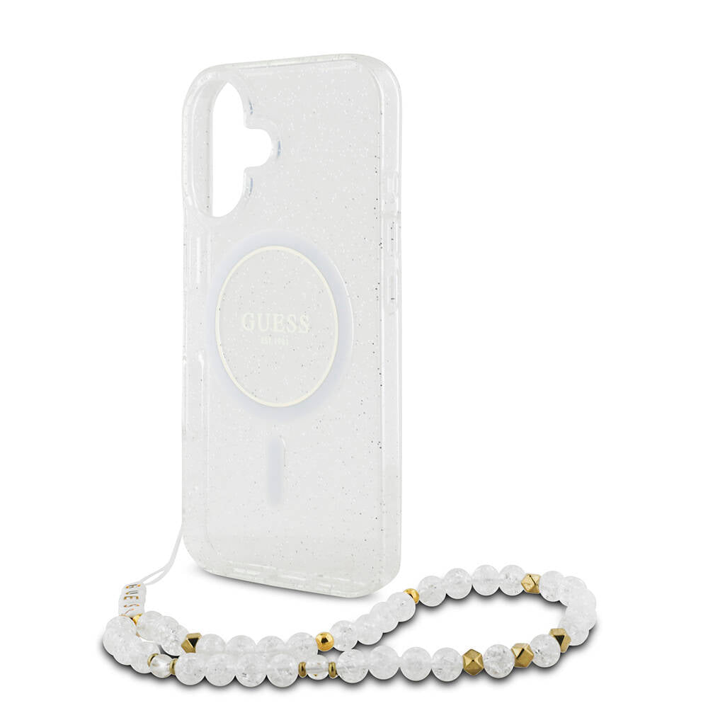 Apple iPhone 16 Plus Kılıf Guess Orjinal Lisanslı M-safe Şarj Özellikli Simli Silikon İnci Bileklikli Kapak Pembe