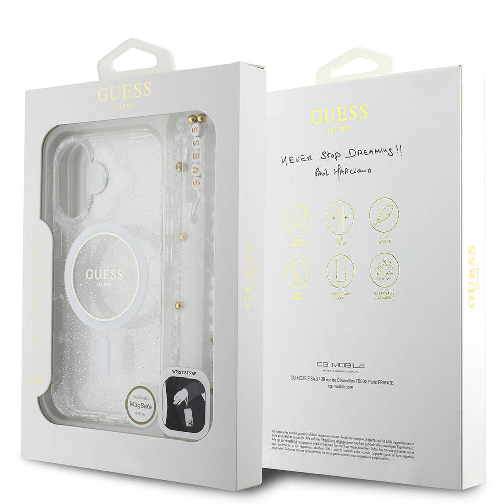 Apple iPhone 16 Plus Kılıf Guess Orjinal Lisanslı M-safe Şarj Özellikli Simli Silikon İnci Bileklikli Kapak Pembe