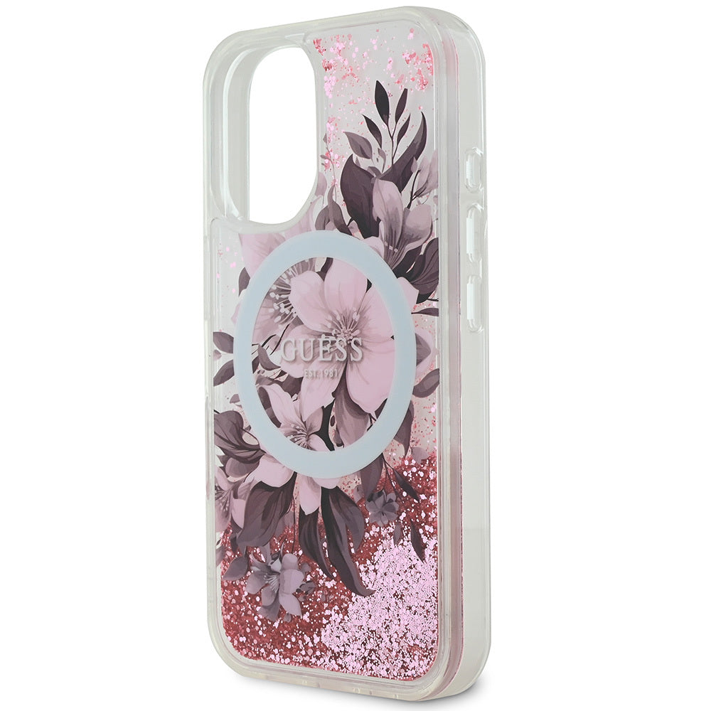 Apple iPhone 16 Plus Kılıf Guess Orjinal Lisanslı M-safe Şarj Özellikli Sıvılı Simli Çiçek Desenli Kapak Bej