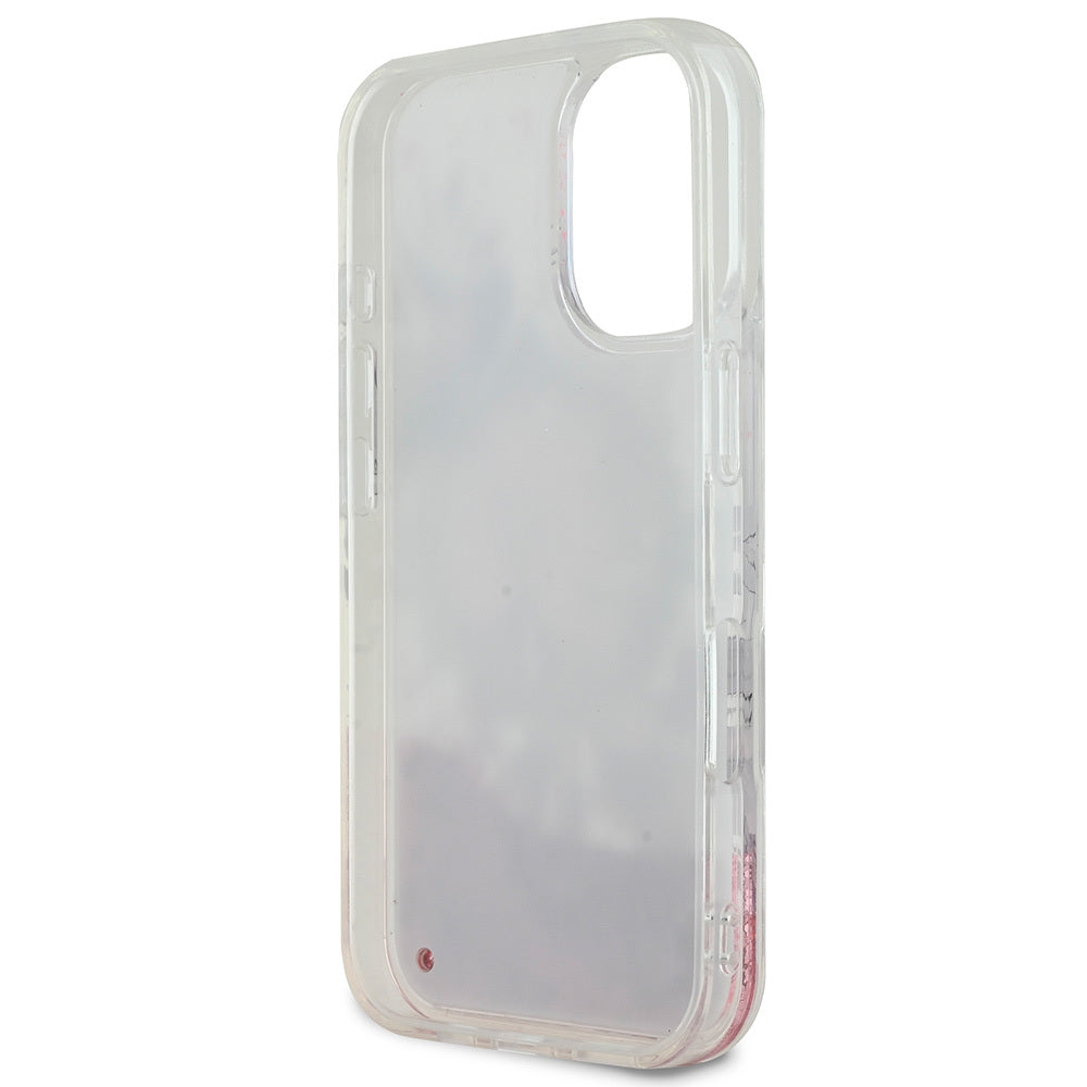 Apple iPhone 16 Plus Kılıf Guess Orjinal Lisanslı M-safe Şarj Özellikli Sıvılı Simli Çiçek Desenli Kapak Pembe