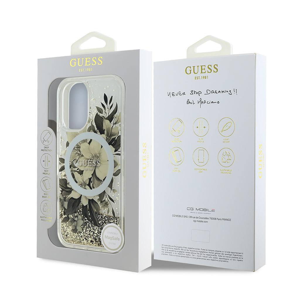 Apple iPhone 16 Plus Kılıf Guess Orjinal Lisanslı M-safe Şarj Özellikli Sıvılı Simli Çiçek Desenli Kapak Pembe