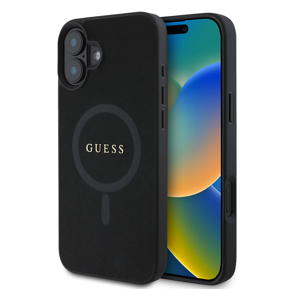 Apple iPhone 16 Plus Kılıf Guess Orjinal Lisanslı M-safe Şarj Özellikli Yazı Logolu Saffiano Classic Kapak Siyah