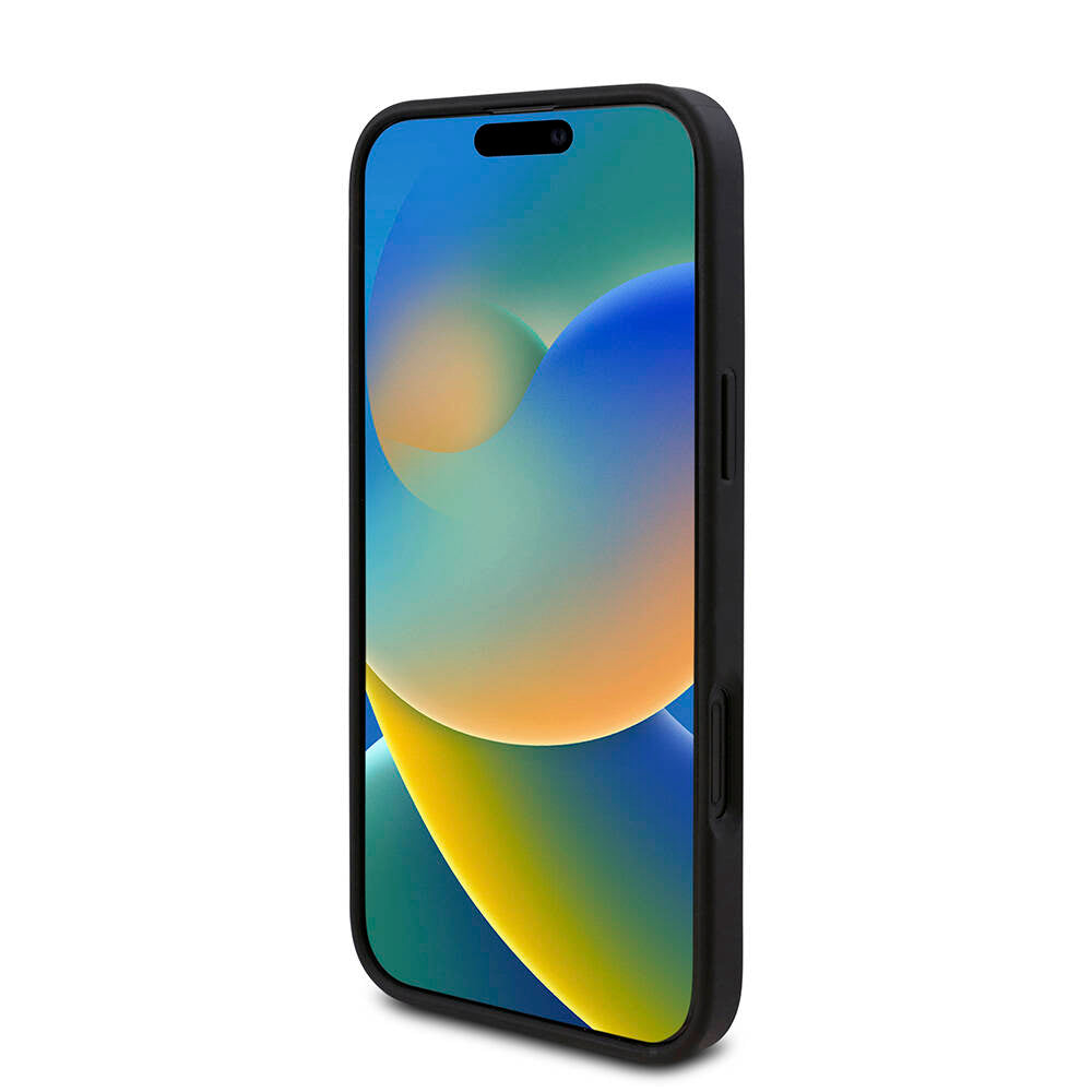 Apple iPhone 16 Plus Kılıf Guess Orjinal Lisanslı PU Deri 4G Desenli Üçgen Logolu Kapak Siyah