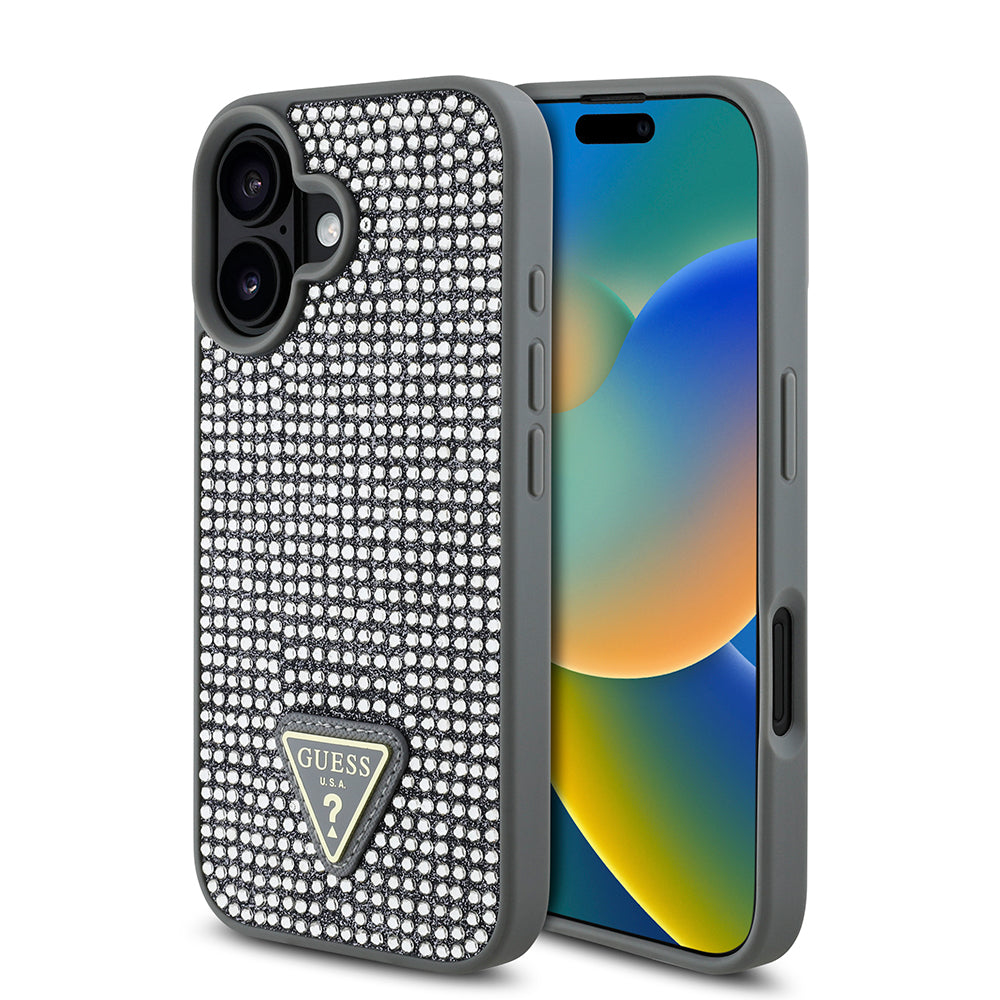Apple iPhone 16 Plus Kılıf Guess Orjinal Lisanslı Taşlı Arka Yüzey Üçgen Logolu Kapak Pembe